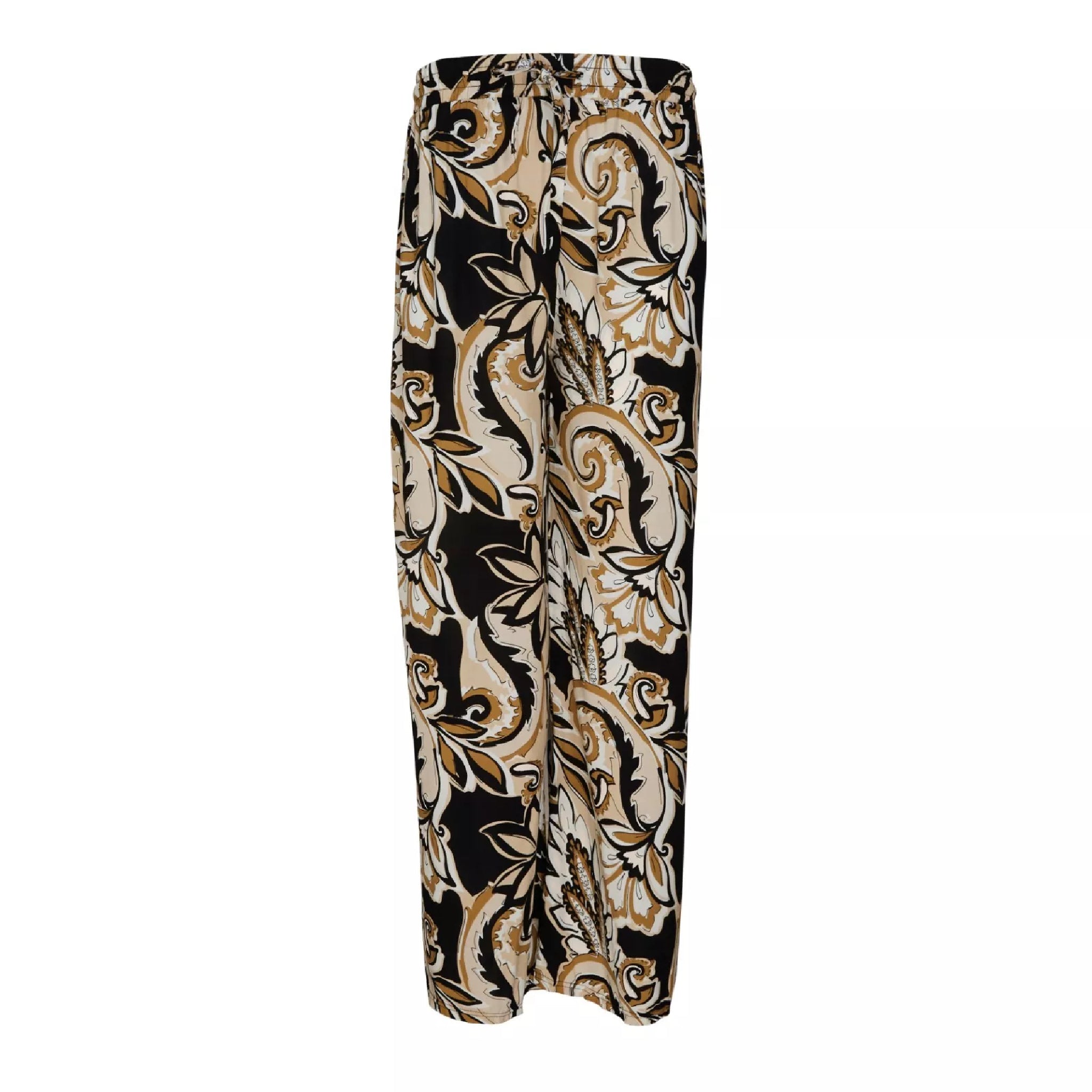 Ladies' black and beige paisley print palazzo trousers – lightweight wide leg summer pants with elasticated waist